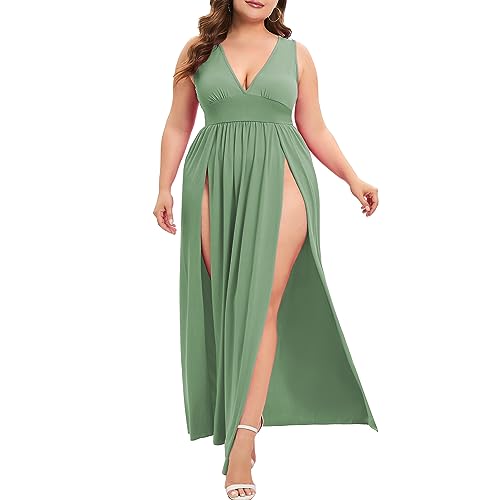 Image of SILUI Women's Summer 2026 Sexy Double High Slit Deep V Neck Plus Size Sundresses Thigh Split Maxi Club Party Dresses