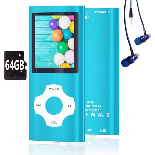 Hotechs 64GB MP3�v���[���[ MP3���y�v���[���[ �X�����N���V�b�N�f�W�^��LCD 1.82�C���`�X�N���[���~�jUSB�|�[�g�t�� FM���W�I�t�� �����^�� (�u���[)