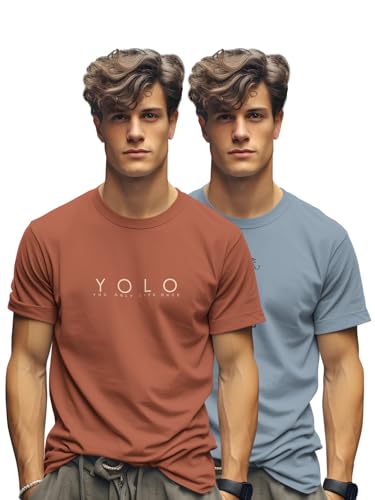 Image of BULLMER Trendy Printed Cotton Blend Crew Neck /Round Neck Half Sleeve Tshirt for Men- Pack of 2