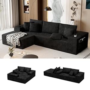 104.3″ Modular Sectional Sofa, Black Boneless Couch Left Chaise L Shaped Couch with USB Ports, 2 Cup Holders, 2 Side Storage Bags & Lint Remover, No Assembly Sectional Couches for Living Room