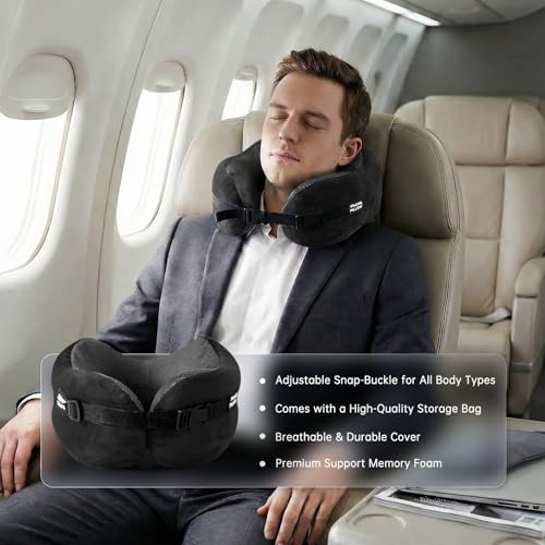 Image of Neck Pillow Travel Pillow - 100% Pure Memory Foam Airplane Pillow with Adjustable Clasp & Removable Cover, Portable Travel Essentials for Long Flights, Car & Office (Black)