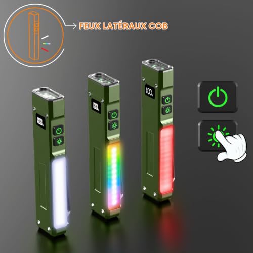 Relybo Lampe Torche LED Ultra Puissante 1,000,000 Lumens, Lampe De Poche 2 Interrupteurs & 9 Modes Éclairage latéral COB, Clip, Lampe Torche Puissante Rechargeable, pour Camping Urgence-Vert – vue 3