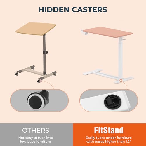 FitStand Medical Overbed Adjustable Bedside Table with Hidden Casters, Pneumatic Mobile Rolling Laptop Standing Desk with Tray for Home and Hospital Use, Pink