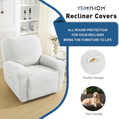 Image of YEMYHOM 4 Pieces Stretch Recliner Slipcover Jacquard Recliner Chair Cover with Side Pocket Anti-Slip Fitted Recliner Cover Couch Furniture Protector with Elastic Bottom (Recliner, White)