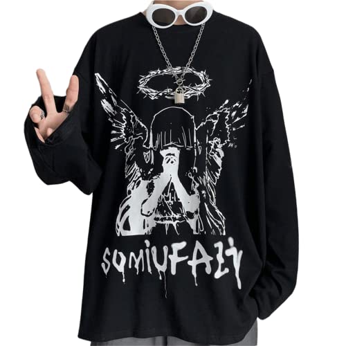 Y2K Goth Women Men Angel Anime Alt Emo Sweatshirt Fall Korean Harajuku Punk Vintage Kpop Grunge Pullover Streetwear