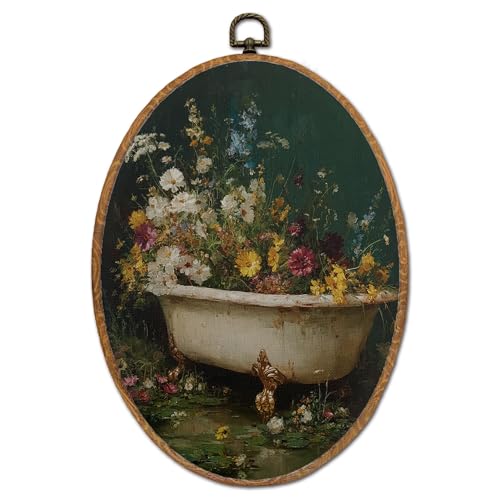 DOFQZ Vintage Floral Bathtub Bathroom Oval Wall Art Decor, Moody Botanical Flower Clawfoot Tub Framed Wall Art, Whimsical Cottagecore Walls Hanging Decor for Bathroom Washroom Restroom, 8.5x11.5 Inch