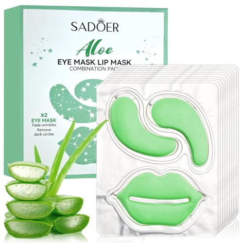 Parches de Ojos de Aloe Vera y Parches Labiales, Parches Ojos Bolsas y Ojeras, Mascarilla Labial, Parches Contorno de Ojos, Antiojeras, Anti Edad, Hinchazón, Quitar Bolsas de Ojos