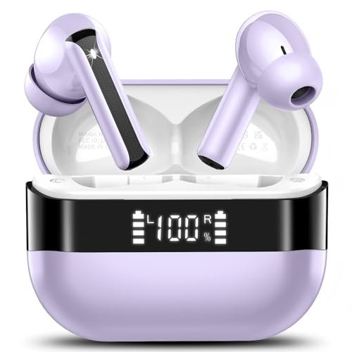 Image of Wireless Earbuds, Bluetooth 5.4 Headphones HiFi Stereo, Bluetooth Earbuds with 4 ENC Mics, 48H Playtime Wireless Ear Buds with LED Display, IP7 Waterproof Bluetooth Earphones Purple