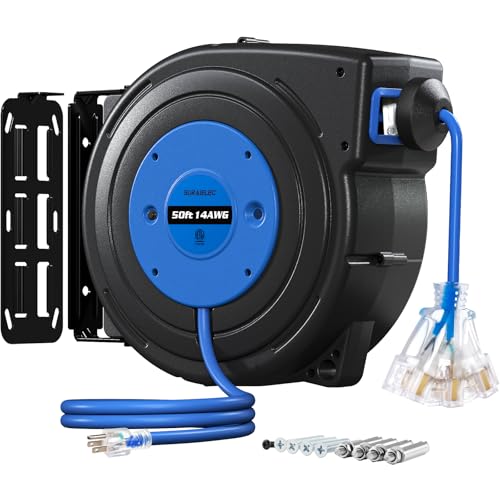SURAIELEC 50FT Retractable Extension Cord Reel, 14AWG/3C SJTOW Heavy Duty Power Cord with Lighted Triple Tap, 13A Circuit Breaker, Ceiling/Wall Mount for Garage, Shop, Workshop, ETL Listed, Blue