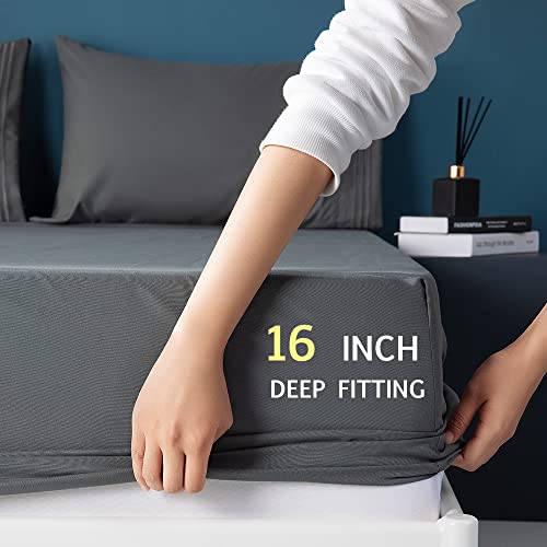 Shilucheng Bed Sheet Set Microfiber 1800 Threads Egyptian Super Soft Sheets 16-Inch Deep Pocket - Hypoallergenic - 6 Piece (Dark Grey, King) #TOP5