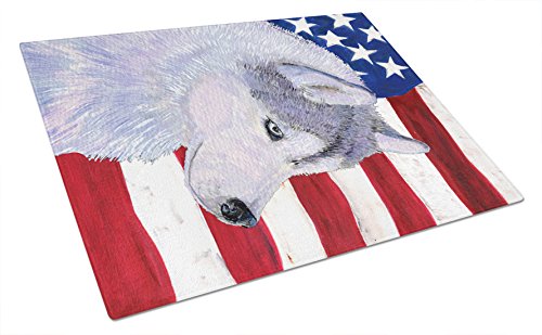 Caroline's Treasures SS4220LCB USA American Flag with Siberian Husky Glass Cutting Board Large Decorative Tempered Glass Kitchen Cutting and Serving Board Large Size Chopping Board