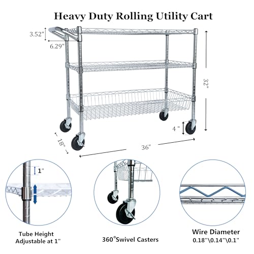 Heavy-Duty Service Trolley 3-Tier Rolling Utility Cart – Chrome Storage Carts, 36" L x18 W x 32" H Mobile Service Cart for Kitchen, Restaurant, Plant Display, Mobile Display Cart for Plants - Image 7