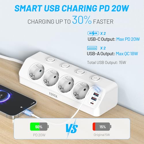Gniazdo stołowe PD 20 W z USB C, 4 gniazda, narożna listwa zasilająca, biurko z pojedynczą przełączką, FDTEK 4000 W, 16 A, płaska, ochrona przed przepięciem, 2 m, do kuchni, biura