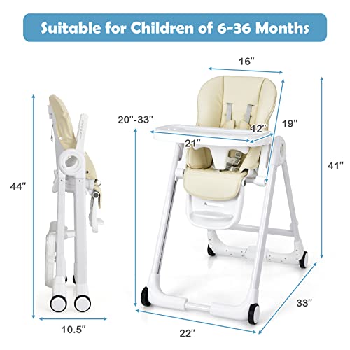 Baby Joy Baby High Chair, Folding Highchair W/ 4 Wheels, One-Step Brake, Removable Double Trays, Detachable Pu, Flip-Up Armrests, Adjustable Height, Backrest & Footrest For Infants & Toddlers (Beige) #TOP6
