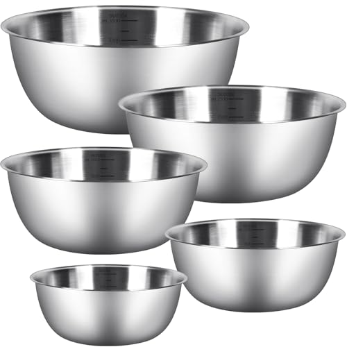 Chuner Juego de 5 cuencos para mezclar de acero inoxidable en 5 tamaños (0,7 L, 1,2 L, 1,8 L, 2,5 L, 3,5 L, aptos para lavavajillas, ensaladeras, aperitivos y cuencos)