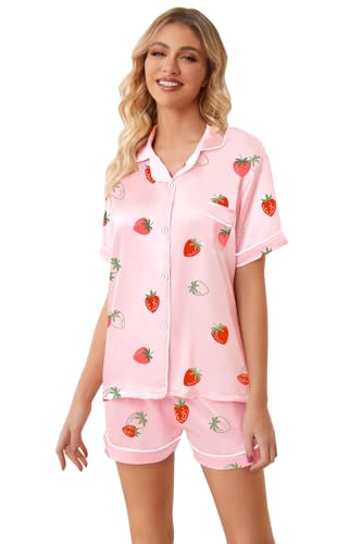 Image of Umeyda Women & Girls Pajamas Set, 2 Piece PJS Satin Silk Sleepwear Button-Down Top with Shorts for Mom Kids Gifts