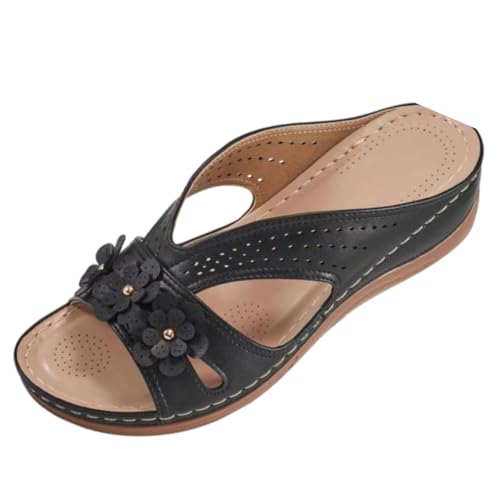 Orthopedic Wedge Slip On Sandals for Women Casual dressy Floral Walking Sandal, Summer Beach Lightweight Comfortable (Black,25.0
