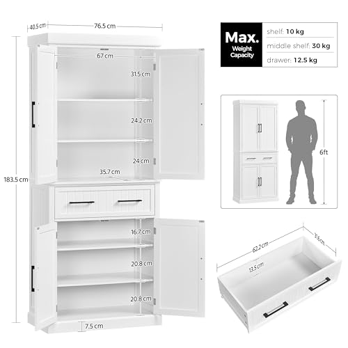 Miniatura 3 de Yaheetech Armario De Almacenamiento Con 4 Puertas Y 1 Cajón, 183.5x76.5x40.5 Cm, 2 Estantes Ajustables Para Cocina, Salón Y Entrada, Blanco
