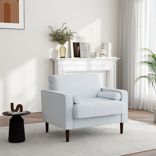 Image of Corduroy Accent Chairs Set of 2, Modern Upholstered Living Room Arm Chair Comfy Bedroom Reading Armchair with Bolster Pillows, Mid-Century Track Armrest Tufted Single Sofa Seat (Beige)