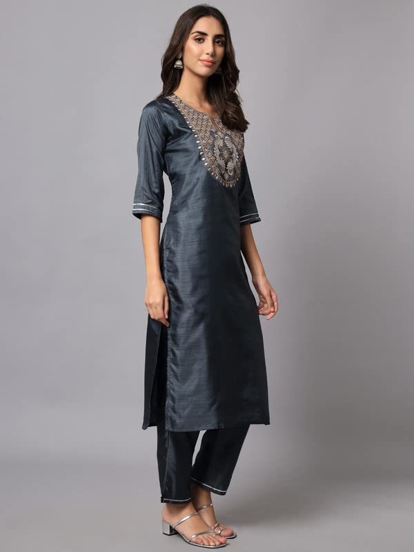 Image of VredeVogel Women's Cotton Silk Blend Embroidered Viscose Print Kurta Pant With Dupatta Set