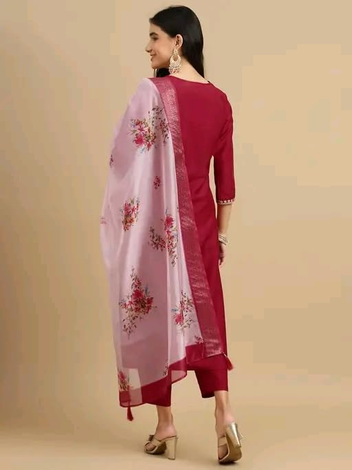 Image of Women's Embroidered Straight Kurta Set with Pant and Floral Silk Dupatta