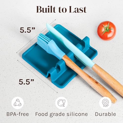 Image of Cooler Kitchen Light Blue Silicone Spoon Rest for Stove Top with Drip Pad (Two Pack) - Heat Resistant BPA Free Utensil Rest & Spoon Holder for Kitchen Counter - Grill Utensil Holder - Spatula Holder