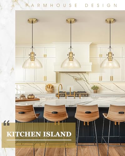 Image of 10.5 inch Gold Pendant Lights Kitchen Island, Seeded Glass Shade | Farmhouse Vintage Hanging Light for Dining Room, Clear Seeded Glass Shade, Adjustable Height, E26 Base, AD-22151-1PL-GD
