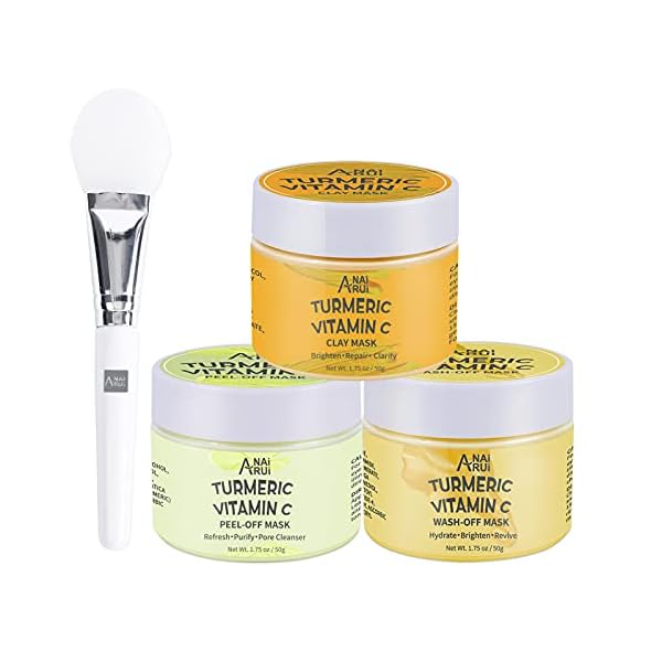 ANAI RUI Turmeric Vitamin C Facial Mask 3-in-1 Travel Mini Kit - Clay Mask, Peel Off Mask, Wash-Off Cream Mask, for Acne & Dark Spots, Oily Skin, Facial Spa Treatment 1.75 oz × 3 ea
