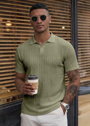 Image of JMIERR Mens Casual Polo Shirt Summer Short Sleeve Vacation Button Beach Knit Stretchy Golf Shirts