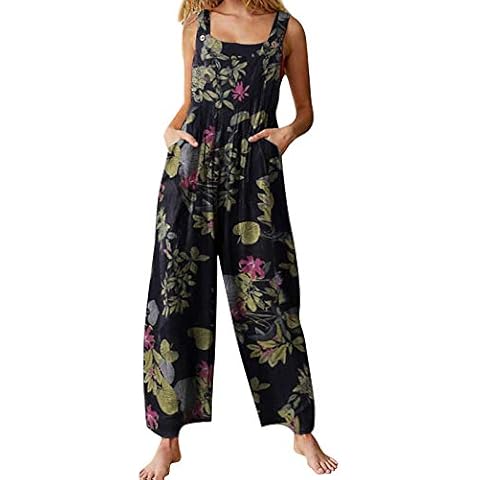 Burkashear Summer Womens Vintage Jumpsuit Wide Leg High Waist Leaf Floral Print Boho Square Neck Playsuits Ladies Ethnic Overalls Pockets Bohemian One Piece Loose Fit Girls Rompers (Navy Blue, L) Cover