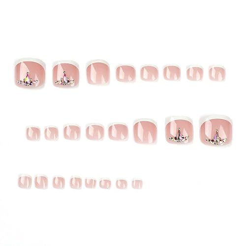 Yosomk French Tips Press On Toenails White Square Toe Nails Tips Rhinestone Full Cover Glue On Toe Nails Nude Pink Toe Nails Fake Nails Summer False Toe Static Nails For Women 24Pcs #TOP4