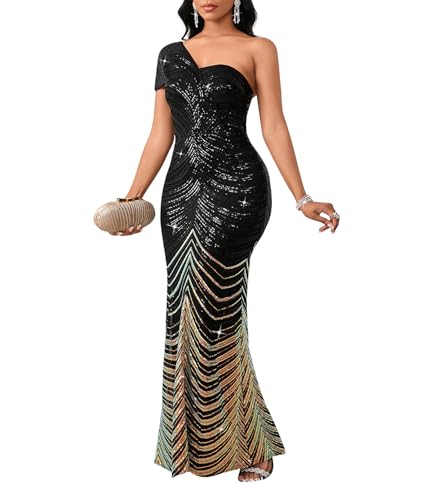 Image of Cololura Women Sequin One Shoulder Mermaid Formal Maxi Dress Evening Gown