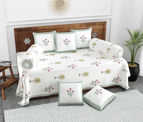 Texstylers Pure Cotton Floral Printed Diwan Cover Set | White Bas...