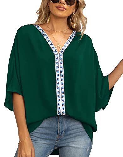 Bluse Damen V-Ausschnitt Farbkontrast Geometrie Drucken Kurzarm Damen Fledermaus Ärmel Temperament Großzügig Lässige Shirt Damen Locker Halber Ärmel Oberteile Damen J-Dark Green S Cover