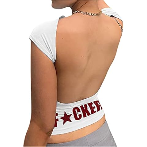 Caziffer Women's Backless T-Shirts Y2K Slim Fit Crop Top Funny Letter Print Short Sleeve Tee Sexy Vintage Cut Out 2022 Summer Fashion (White, Small) Cover