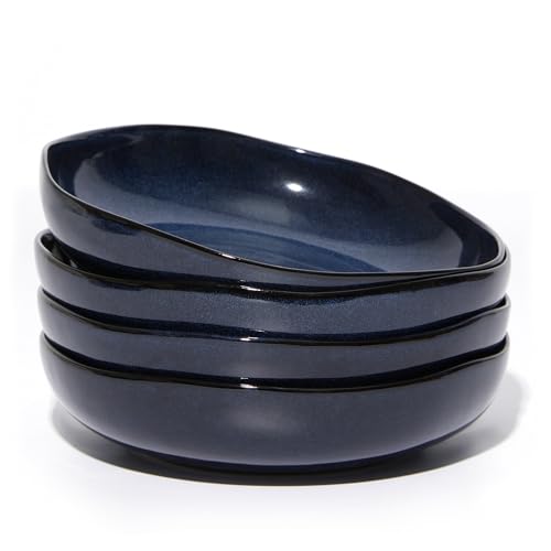 Image of 8.26 inch Ceramic Pasta Bowls Set of 4, 36Oz Large Salad Bowl Plates | Stoneware Serving Bowls for Vegetable, Noodle, Salad, Microwave & Dishwasher Safe, Reactive Glaze Pasta Plates, Starry Blue
