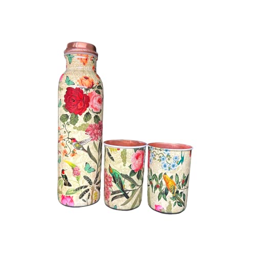 Image of Copper Water Bottle 1 Ltr | Copper Water Bottle with Glass Set | Meena Work | 100% Pure | Leak-Proof | 2 Water Glass 300ml each | Best for Gifting ((Meena Rose Design - 1))