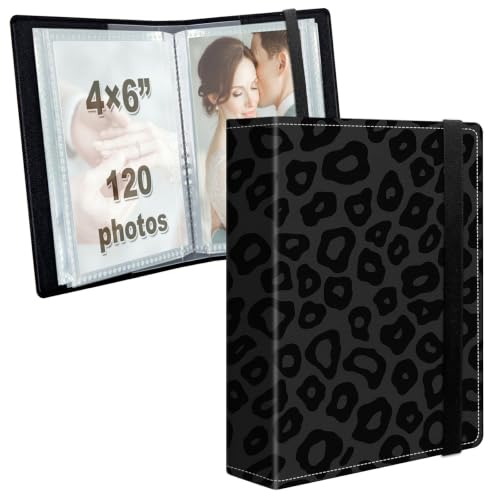 Image of Photo Album 4x6 120 Photos with Strong Elastic Band, Black Leopard Print | Large Capacity Premium Leather Picture Album, Portable Wallet Albums Photo Book for Family Anniversaries Wedding Baby