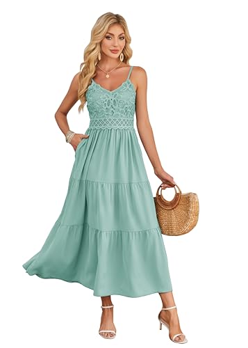 Image of Dokuritu Women's Beach Crochet Lace Maxi Dress Solid Color Summer Vacation Wedding Guest Spaghetti Strap Long Dress