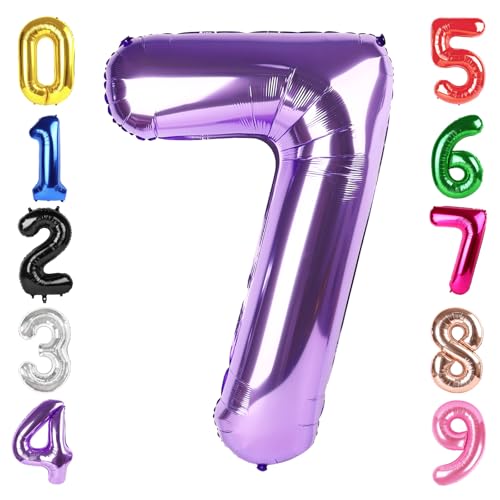 Image of 40 Inch Purple Number 7 Balloon Birthday Party Decorations for Men & Women | 40 Inch Purple inflatable foil number balloons, large birthday decorations for 7th birthday