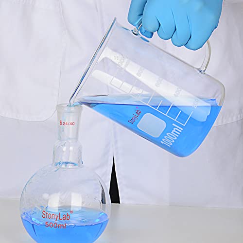 Image of stonylab Glass Beaker with Handle, Borosilicate Glass Graduated Low Form Griffin Beaker with Handle and Pouring Spout, 1000 ml (Pack of 2)