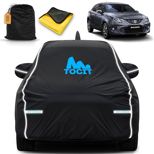 Image of Baleno Waterproof Long Life Car Cover with Safety Glow Reflective Strap, Premium Stretchable Velvet Velour Fabric, Machine Washable, Tri-Stitch Custom Fit with Mirror & Antenna Pocket