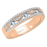 DazzlingRock Collection Alianza de boda marquesa miligrain redonda de 2,5 mm con aguamarina y diamante blanco en oro rosa de 14 quilates, talla 7,5