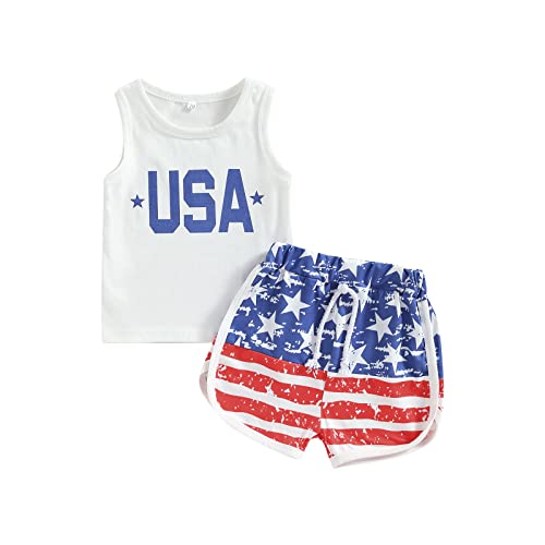 FYBITBO Baby Boy Summer Clothes Toddler 4th of July Outfit Boy USA Sleeveless Shirt Tank Top Stars Stripes Shorts Set (USA Letter, 18-24 Months)