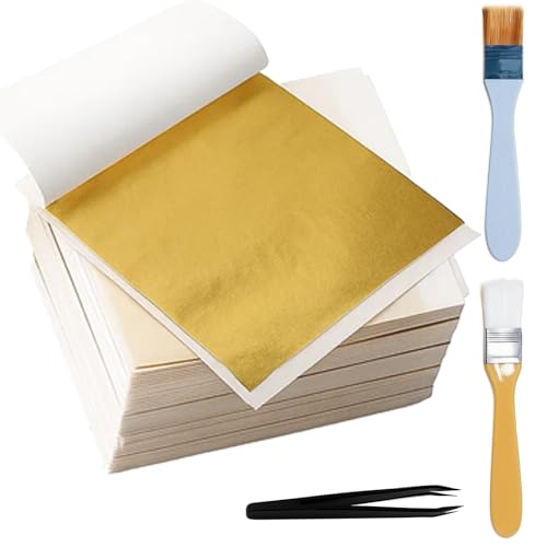 La mejor selección de Pan de oro Top 5. 48 HcvGcm Papel dorado para manualidades, juego de 203 piezas de pan de oro con 200 láminas doradas, 2 pinceles y 1 pinza para proyectos de bricolaje, manualidades y decoración (8 x...