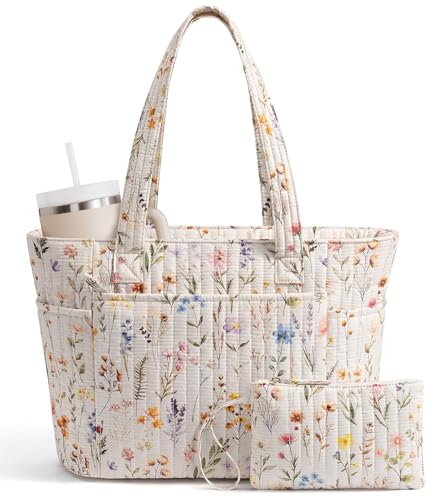 Bagstellar Quilted Tote Bag for Women Puffer Cotton Zip Laptop Work Tote Purses Handbag for Teacher Nurse Travel School