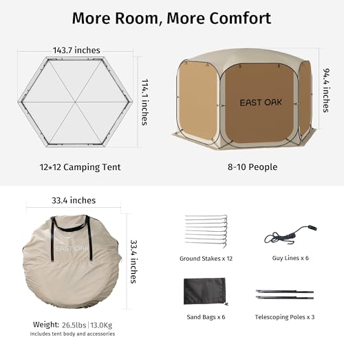 East Oak 12×12 FT Pop Up Canopy Tent with Mesh | Outdoor Screen House with 6 Sunshades | Instant Canopy with Portable Carry Bag | Gazebo Tent for Camping, Patio, and Beach | Beige by EAST OAK - Image 6