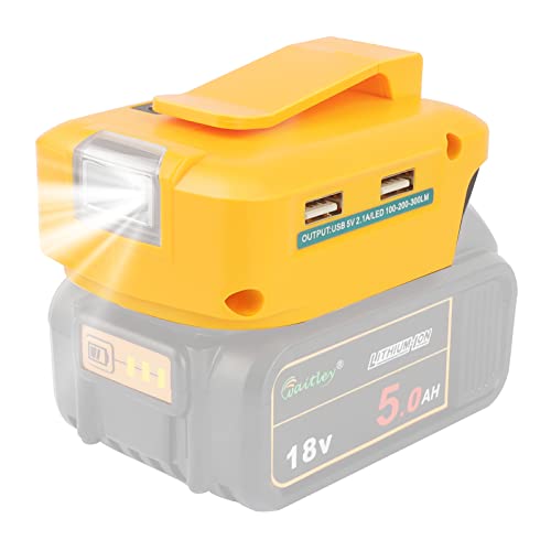 Waitley Battery Adapter for Dewalt USB Adapter Charger, DCB090 Battery Adapter with LED Work Light, DC Port & Dual USB Port, Power Source Charger for 14.4V 18V 20V Lithium-ion Battery…