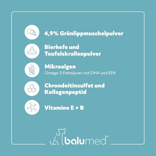 balumed® Snacks Knochen+Gelenke hochkonzentriert mit Grünlippmuschel für Hund, Leckerli mit Präbiotika, Postbiotika, Bierhefe, Teufelskralle, Chondroitin & Kollagen, Vitamine E + B, 325 g