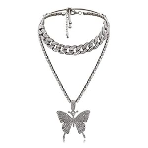AILUOR Vlinder Cubaanse Link Ketting Set, Vrouwen Hip Hop Choker Grote Vlinder Hanger Ketting Iced Out met Bling Strass Steentjes, Mode Accessoire voor Hip Hop Liefhebbers Vrouwen Meisje